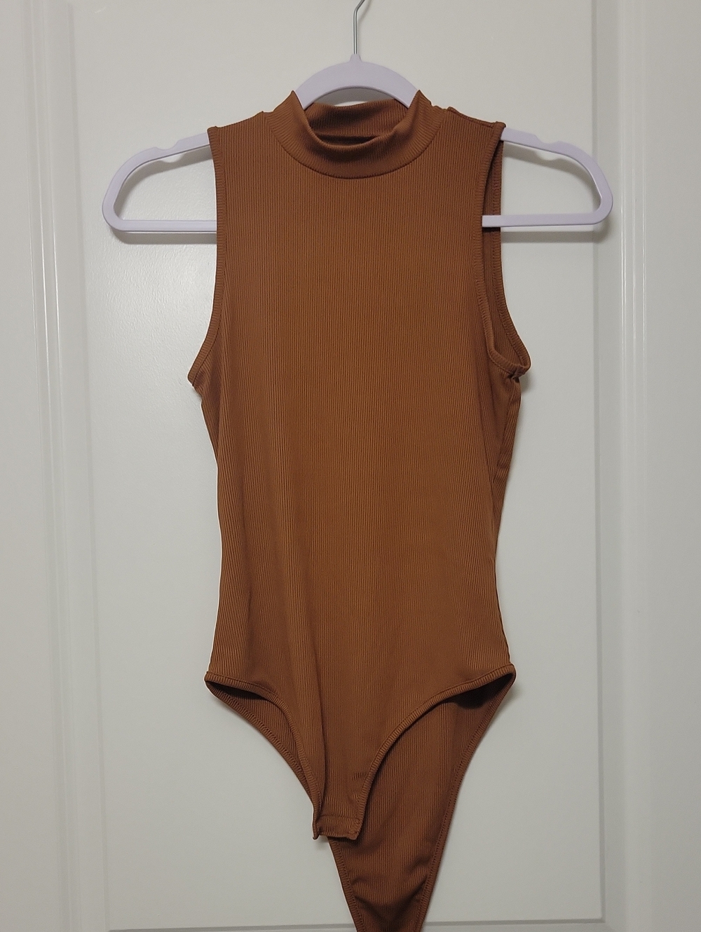 Ribbed Mock Neck Sleeveless Bodysuit in Burnt Orange
